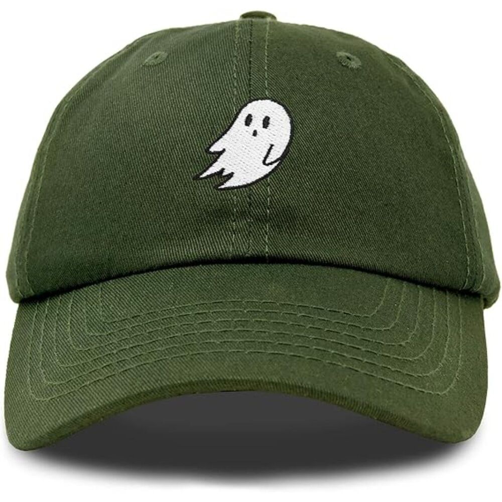 Unisex Olive 100%Cotton Ghost Embroidered Adjustable Buckle Classic Baseball Cap